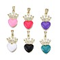 Brass Micro Pave Clear Cubic Zirconia Pendants, with Enamel and Brass Snap on Bails, Nickel Free, Real 18K Gold Plated, Heart
