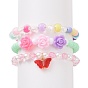 3Pcs 3 Style Acrylic Flower & Imitation Pearl Beaded Stretch Bracelets Set, Glass Butterfly Charms Stackable Bracelets for Kids