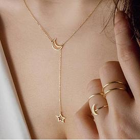 Chic Moon and Star Pendant Necklace for Women - Long Alloy Chain, Minimalist Design