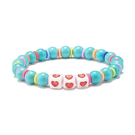 Acrylic Heart European Beads, and Synthetic Turquoise Beads Stretch Bracelets