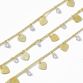 Handmade Brass Figaro Chains, with Heart & Clear Cubic Zirconia Diamond Charms, Soldered, with Spool