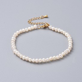 Natural Freshwater Pearl Beads Bracelets, with Brass Extender Chains and Burlap Packing Pouches Drawstring Bags