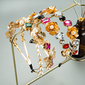 Creative Metal Butterfly Flower Pearl Headband - Fashionable Cross Metal Headband with Diamonds
