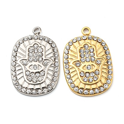 304 Stainless Steel Pendants, with Crystal Rhinestone, Oval with Hamsa Hand Charm