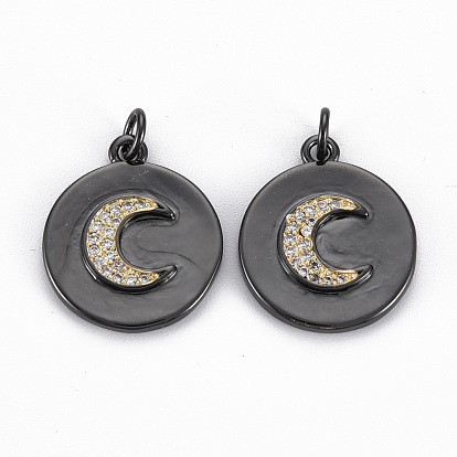 Brass Micro Pave Clear Cubic Zirconia Pendants, with Jump Rings, Nickel Free, Real 16K Gold Plated, Flat Round with Moon