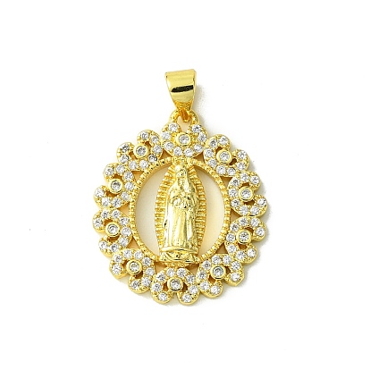Real 18K Gold Plated Brass Micro Pave Cubic Zirconia Pendants, Oval with Virgin Mary Pattern Charms