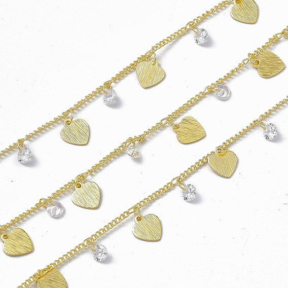 Handmade Brass Figaro Chains, with Heart & Clear Cubic Zirconia Diamond Charms, Soldered, with Spool