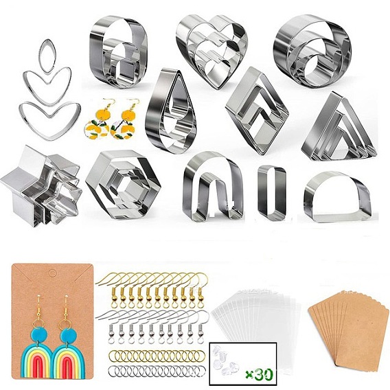 DIY Teardrop/Rhombus/Hexagon Shape Dangle Earring Kits, including Stainless Steel Clay Cutters, Earring Hooks, Jump Ring, Paper Display Card, OPP Bag, Ear Nuts