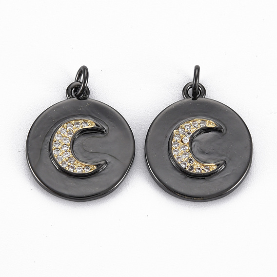 Latón micro pavimenta claro colgantes de circonio cúbico, con anillos de salto, sin níquel, real 16 k chapado en oro, plano y redondo con la luna