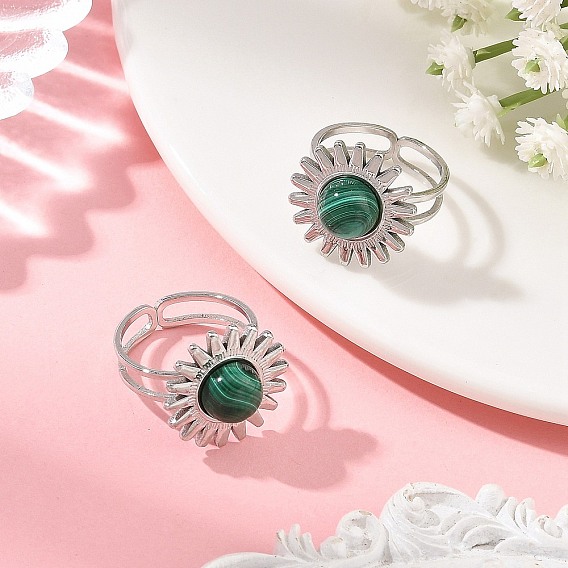 Natural Malachite & Stainless Steel Cuff Open Rings, Sun, Stainless Steel Color