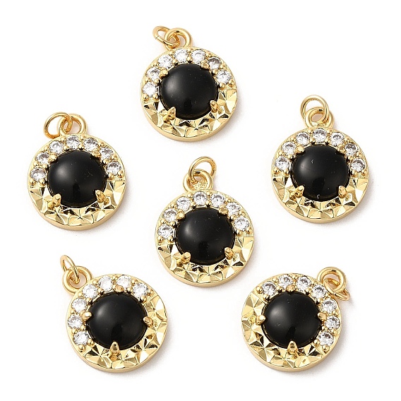 Natural Black Agate Pendants, Flat Round Charms, with Rack Plating Brass Micro Pave Clear Cubic Zirconia Findings and Jump Ring, Cadmium Free & Lead Free, Real 18K Gold Plated