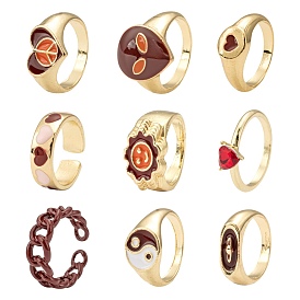9Pcs 9 Style Heart & Curb Chain & Oval Rings, Alloy Enamel & Rhinestones Finger Rings & Cuff Ring, Golden