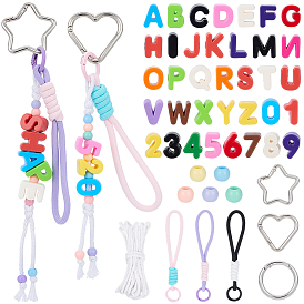 Сделай сам наборы для ключей, включая буквы, акриловые европейские бусины, мобильные ремни из полиэстера, легкосплавные пружинные кольца, хлопковый шнур макраме