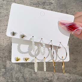Minimalist Earring Set - 3 Pairs Heart Studs, Vintage Numbers & C-Shaped Pearl Hoops