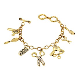 Pulseras con múltiples dijes de herramientas de peluquería de aleación vintage, con broches ot