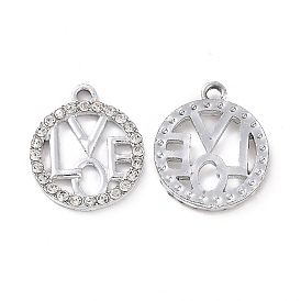 Alloy Crystal Rhinestone Pendants, Flat Round with Word LOVE Charms