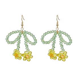 Flower & Bowknot Glass Beaded Dangle Earrings, Brass Earrings for Women, Dark Sea Green
