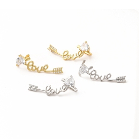 Rack Plating Brass Micro Pave Cubic Zirconia Stud Earrings for Women, Long-Lasting Plated, Lead Free & Cadmium Free, Arrow with Word Love