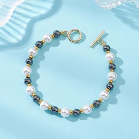 Браслеты из ракушечного жемчуга и немагнитного синтетического гематита для женщин, круглые, с 304 застежками-тоглами из нержавеющей стали и плоскими круглыми латунными бусинами