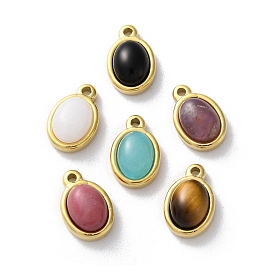 Ion Plating(IP) 304 Stainless Steel Pave Natural Mixed Gemstone Oval Charms, Mixed Dyed & Undyed