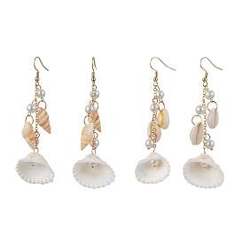 304 Stainless Steel Shell Shape Dangle Earrings, with Natural Cowrie Shell & Imitation Pearl