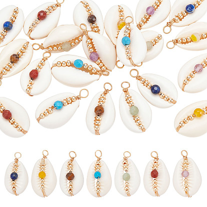 3 сумки 7 стили подвески из натуральной ракушки каури, обвитые медной проволокой, Подвески из ракушек чакры с бусинами из граненых драгоценных камней, золотые