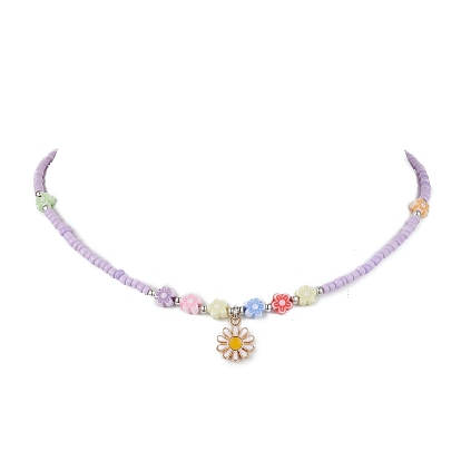 Alloy Enamel Daisy Pendant Necklaces, Glass Seed Bead Necklaces