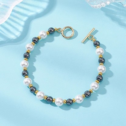 Браслеты из ракушечного жемчуга и немагнитного синтетического гематита для женщин, круглые, с 304 застежками-тоглами из нержавеющей стали и плоскими круглыми латунными бусинами