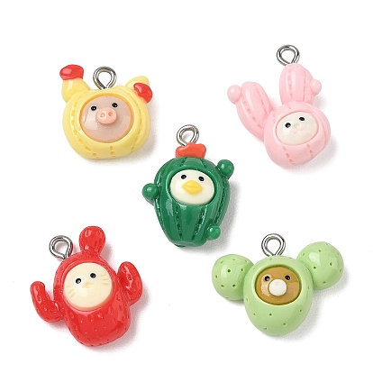 Милые подвески из непрозрачной смолы с изображением животных, кактус очарование, с петлей из нержавеющей стали, цвет нержавеющей стали