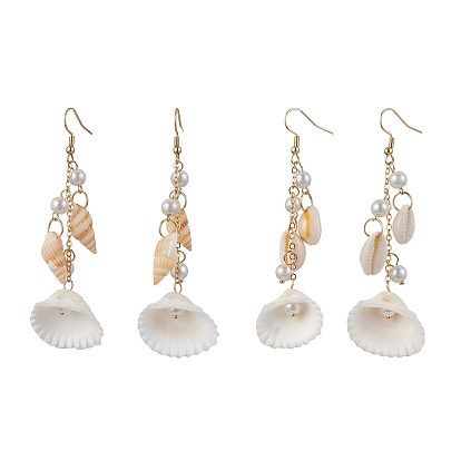 304 Stainless Steel Shell Shape Dangle Earrings, with Natural Cowrie Shell & Imitation Pearl