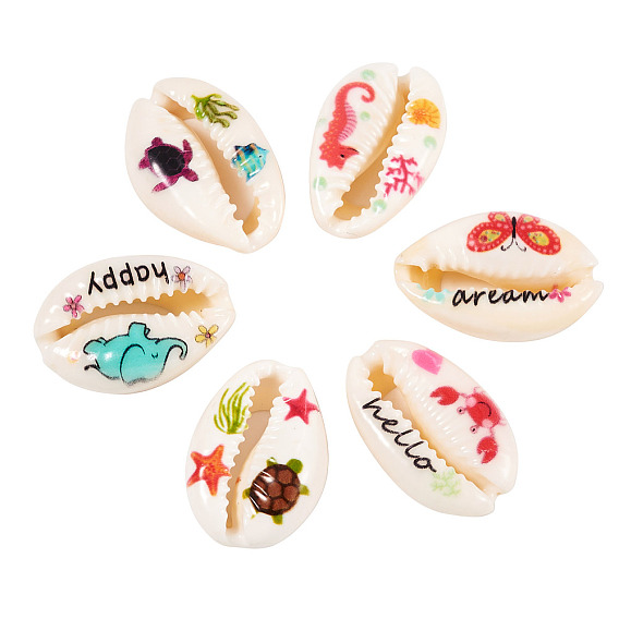 60Pcs 6 Style Printed Natural Cowrie Shell Beads, No Hole, Mixed Pattern