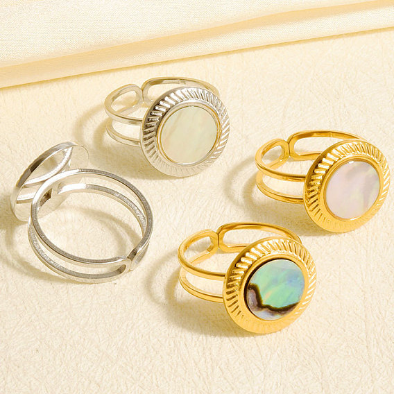 304 Открытые кольца-манжеты из нержавеющей стали с натуральными ракушками для женщин, круглые