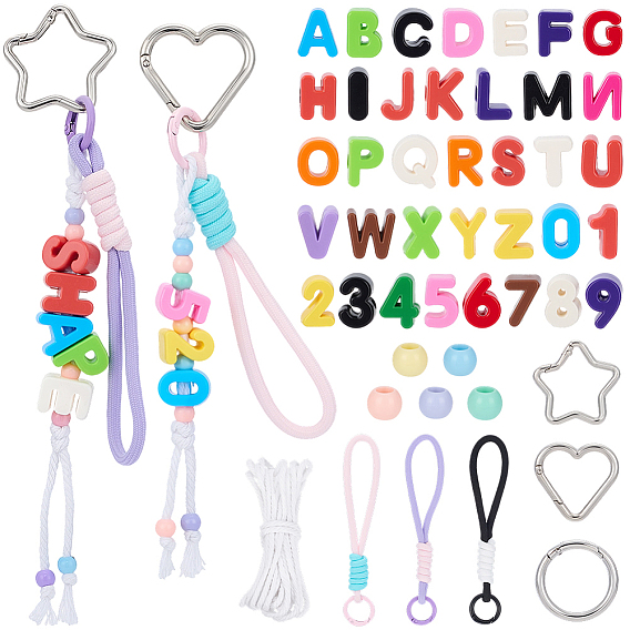 Сделай сам наборы для ключей, включая буквы, акриловые европейские бусины, мобильные ремни из полиэстера, легкосплавные пружинные кольца, хлопковый шнур макраме