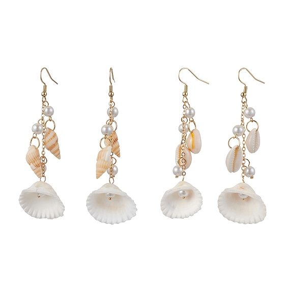 304 Stainless Steel Shell Shape Dangle Earrings, with Natural Cowrie Shell & Imitation Pearl