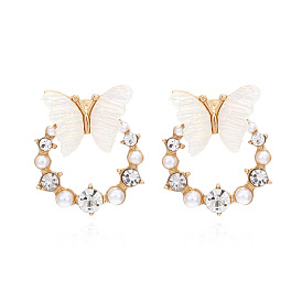 Sweet and Cute Butterfly Earrings with Pearl-like Beads, Fashionable Alloy Circle with Water Drill Inlaid Insect Ear Studs for Women