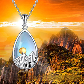 Alloy Glass Teardrop with Snow Mountain Pendant Necklaces, Platinum