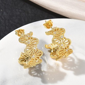 Aretes de latón con micro pavé de zirconia cúbica para mujer, forma de c, pendientes de medio aro, larga duración plateado, chapado en rack, sin plomo y el cadmio