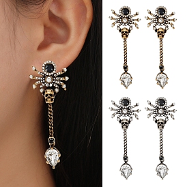 Rhinestone Skull with Spider Dangle Stud Earrings, Gothic Alloy Long Tassel Drop Earrings for Women