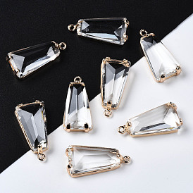 Transparent Glass Pendants, with Brass Findings, Long-Lasting Plated, Faceted, Trapezoid