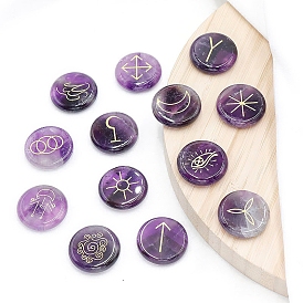13Pcs Flat Round Carved Natural Gemstone Rune Stones, Healing Stones for Chakras Balancing, Crystal Therapy, Meditation, Reiki, Divination
