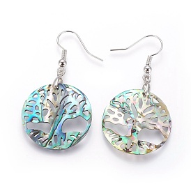 Abalone Shell/Paua Shell Dangle Earrings, with Brass Earring Hooks, Flat Round with Tree of Life