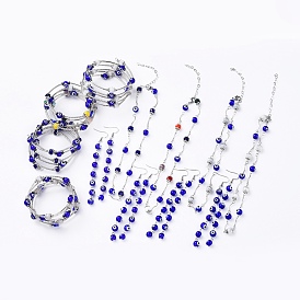 Evil Eye Lampwork Jewelry Sets, Wrap Bracelets & Dangle Earrings & Necklaces, with Faceted Glass, Non-Magnetic Synthetic Hematite, Brass Tube Beads and 304 Stainless Steel Findings