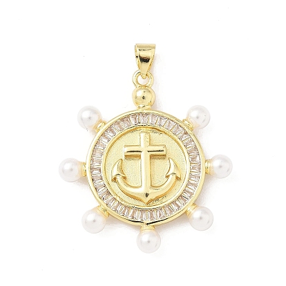 Латунные микропаве прозрачные подвески с фианитом, якорь и штурвал, с ABS имитации жемчуга, без свинца и без кадмия, долговечный, стойки покрытие