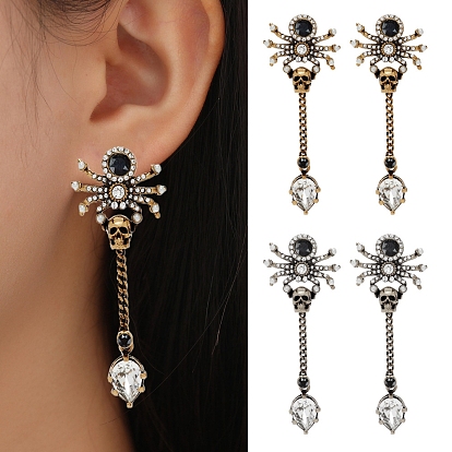 Rhinestone Skull with Spider Dangle Stud Earrings, Gothic Alloy Long Tassel Drop Earrings for Women