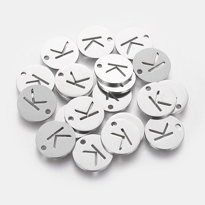 201 Stainless Steel Charms, Flat Round with Letter, Stainless Steel Color