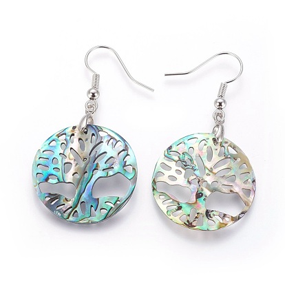 Abalone Shell/Paua Shell Dangle Earrings, with Brass Earring Hooks, Flat Round with Tree of Life