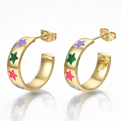 Brass Enamel Stud Earrings, Half Hoop Earrings, with Ear Nuts, Nickel Free, Ring with Star, Real 16K Gold Plated