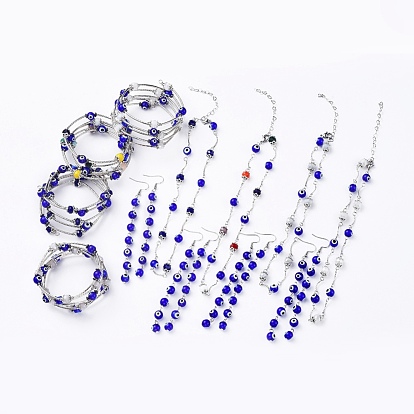 Evil Eye Lampwork Jewelry Sets, Wrap Bracelets & Dangle Earrings & Necklaces, with Faceted Glass, Non-Magnetic Synthetic Hematite, Brass Tube Beads and 304 Stainless Steel Findings
