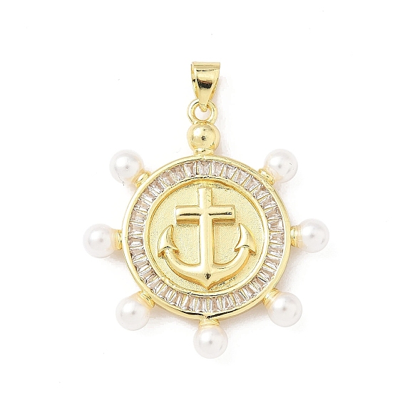 Латунные микропаве прозрачные подвески с фианитом, якорь и штурвал, с ABS имитации жемчуга, без свинца и без кадмия, долговечный, стойки покрытие