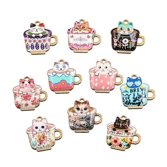 Подвески из эмалевого сплава с покрытием из легкого золота, чашка чая, очарование кошки